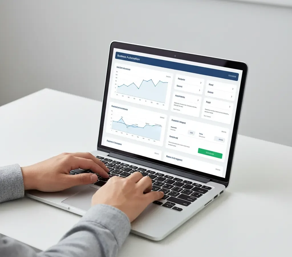 Vista superior de las manos de un emprendedor interactuando con un dashboard de automatización con IA en un portátil, sobre un escritorio minimalista y ordenado.