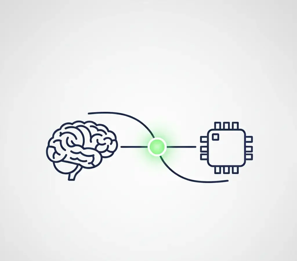 Diagrama minimalista que ilustra la colaboración entre un cerebro humano y un chip de IA mediante una conexión de nodos, simbolizando la sinergia en lugar del reemplazo.